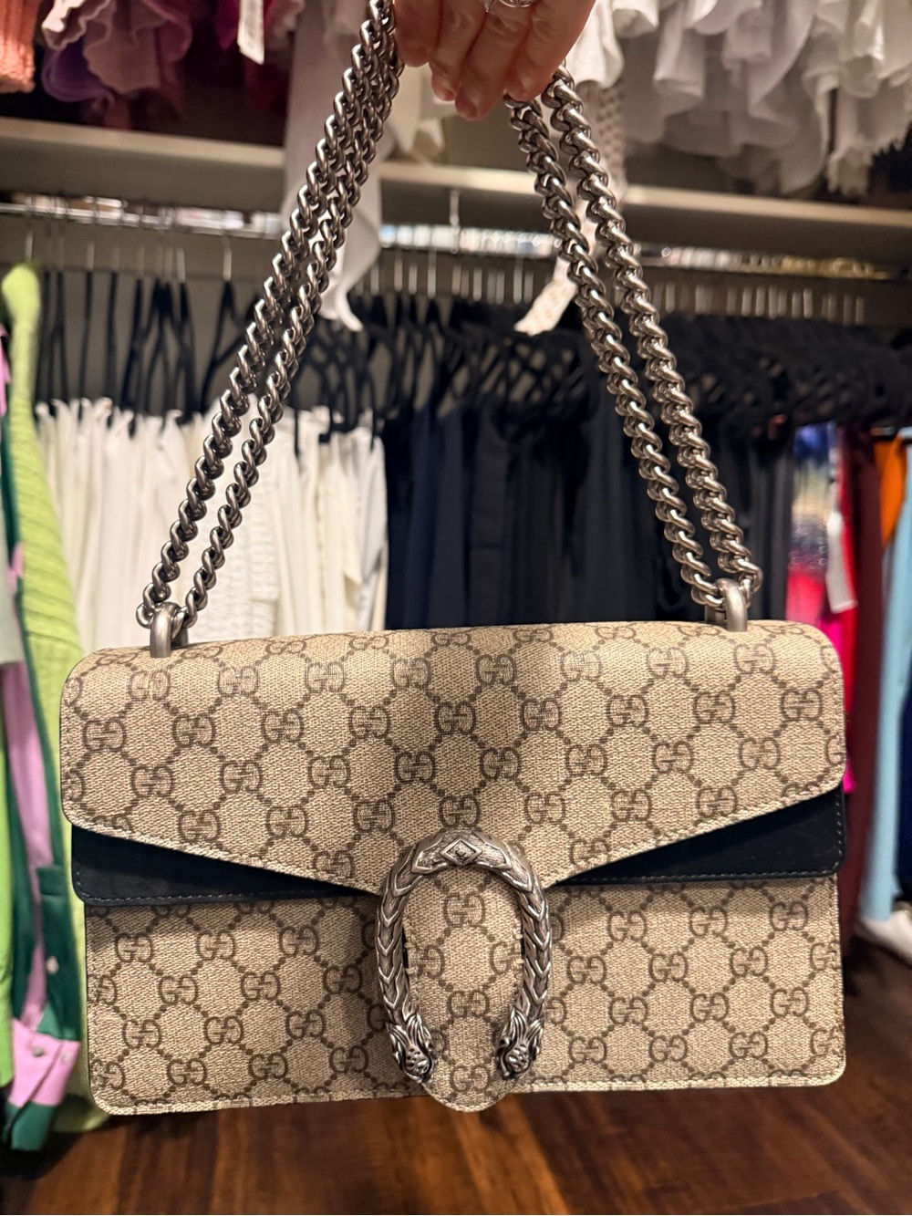 Gucci GG Supreme Shoulder Bag with Silver Chain -Black (Gently Used)